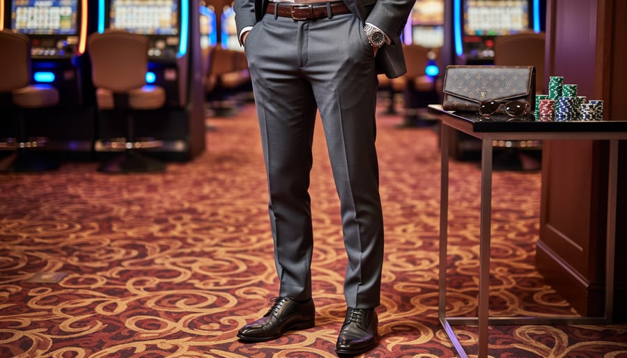 Casino night accessories including dress shoes, watch, pocket square and leather accessories displayed together