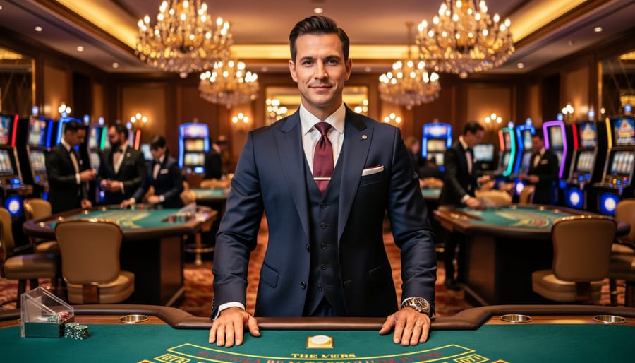 Man in navy suit with burgundy tie at casino table displaying classic formal casino attire