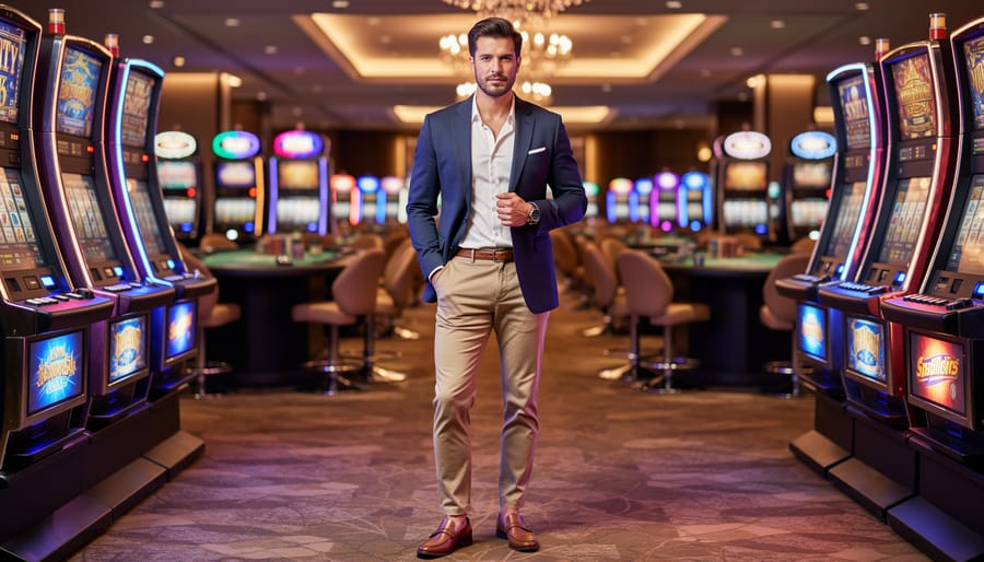 Man in smart casual attire with blazer, oxford shirt and chinos at casino venue